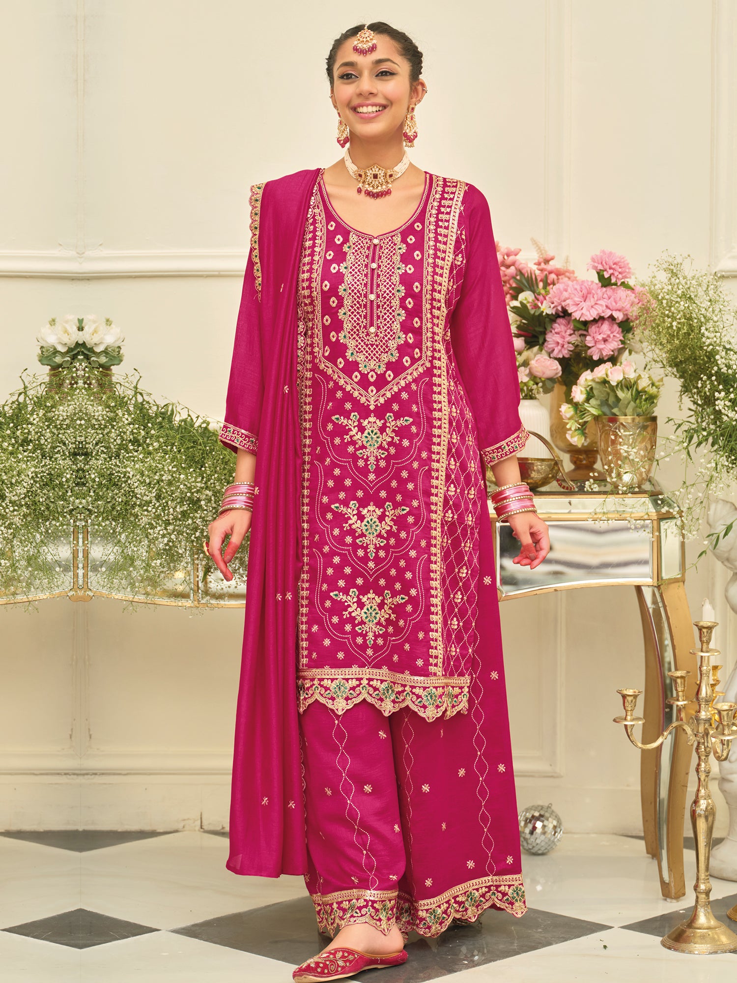 Pink Embroidered Silk Blend Straight Kurta Palazzos With Dupatta