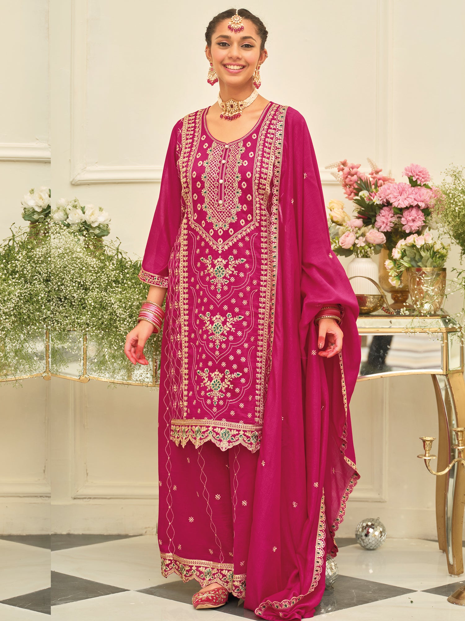 Pink Embroidered Silk Blend Straight Kurta Palazzos With Dupatta