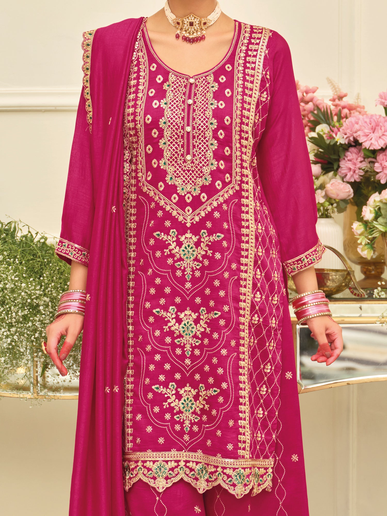 Pink Embroidered Silk Blend Straight Kurta Palazzos With Dupatta
