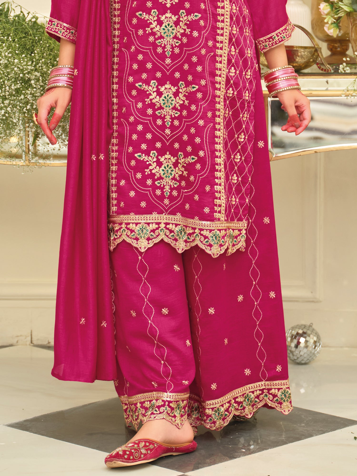 Pink Embroidered Silk Blend Straight Kurta Palazzos With Dupatta