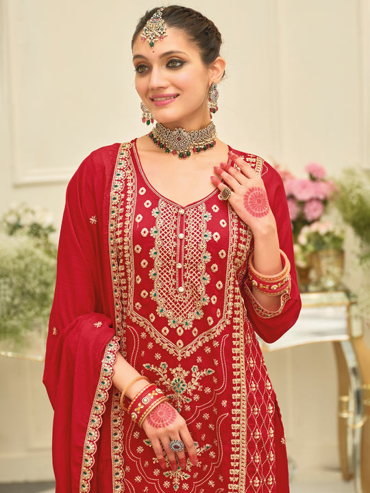 Red Embroidered Silk Blend Straight Kurta Palazzos With Dupatta