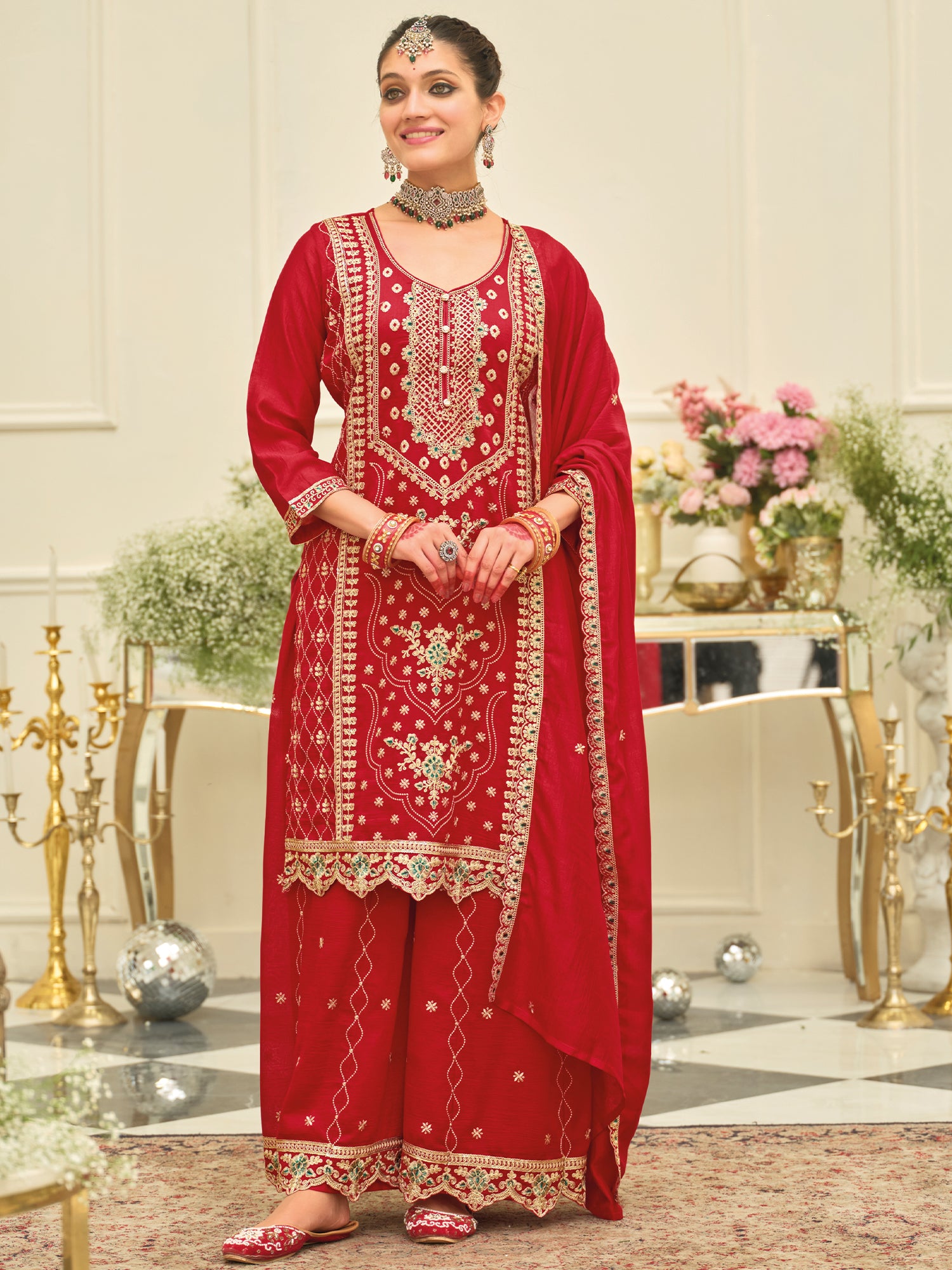 Red Embroidered Silk Blend Straight Kurta Palazzos With Dupatta