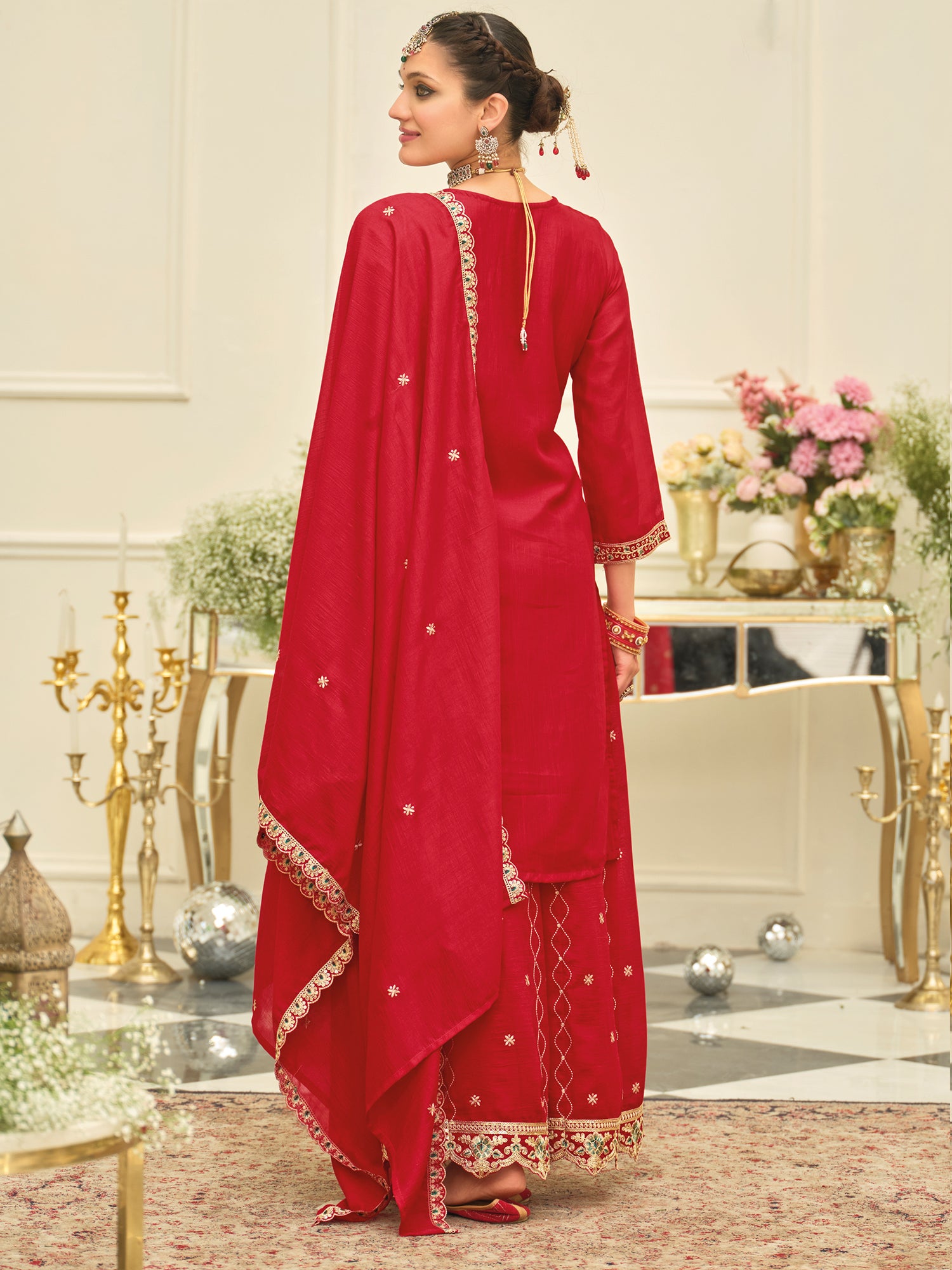 Red Embroidered Silk Blend Straight Kurta Palazzos With Dupatta