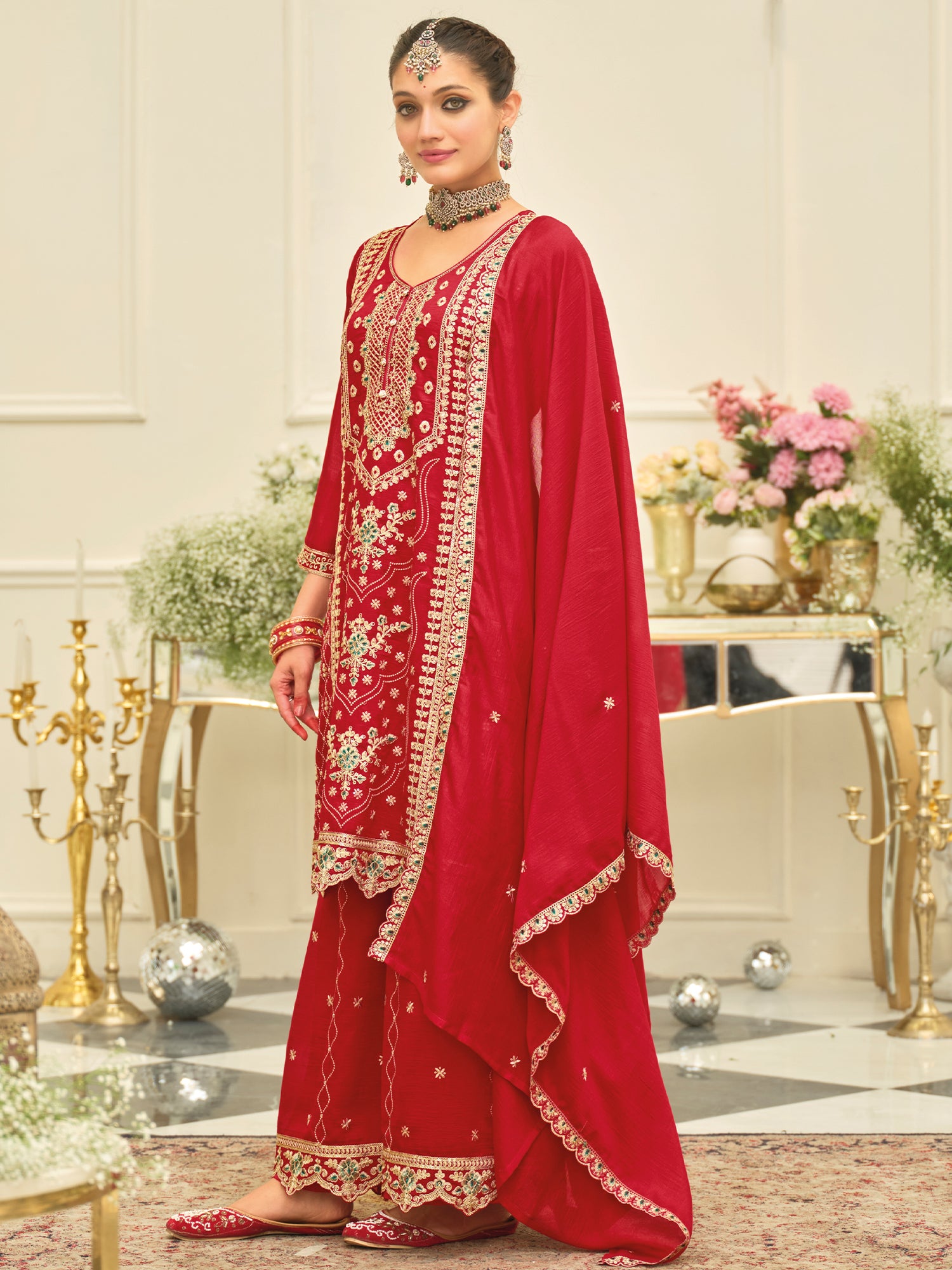 Red Embroidered Silk Blend Straight Kurta Palazzos With Dupatta