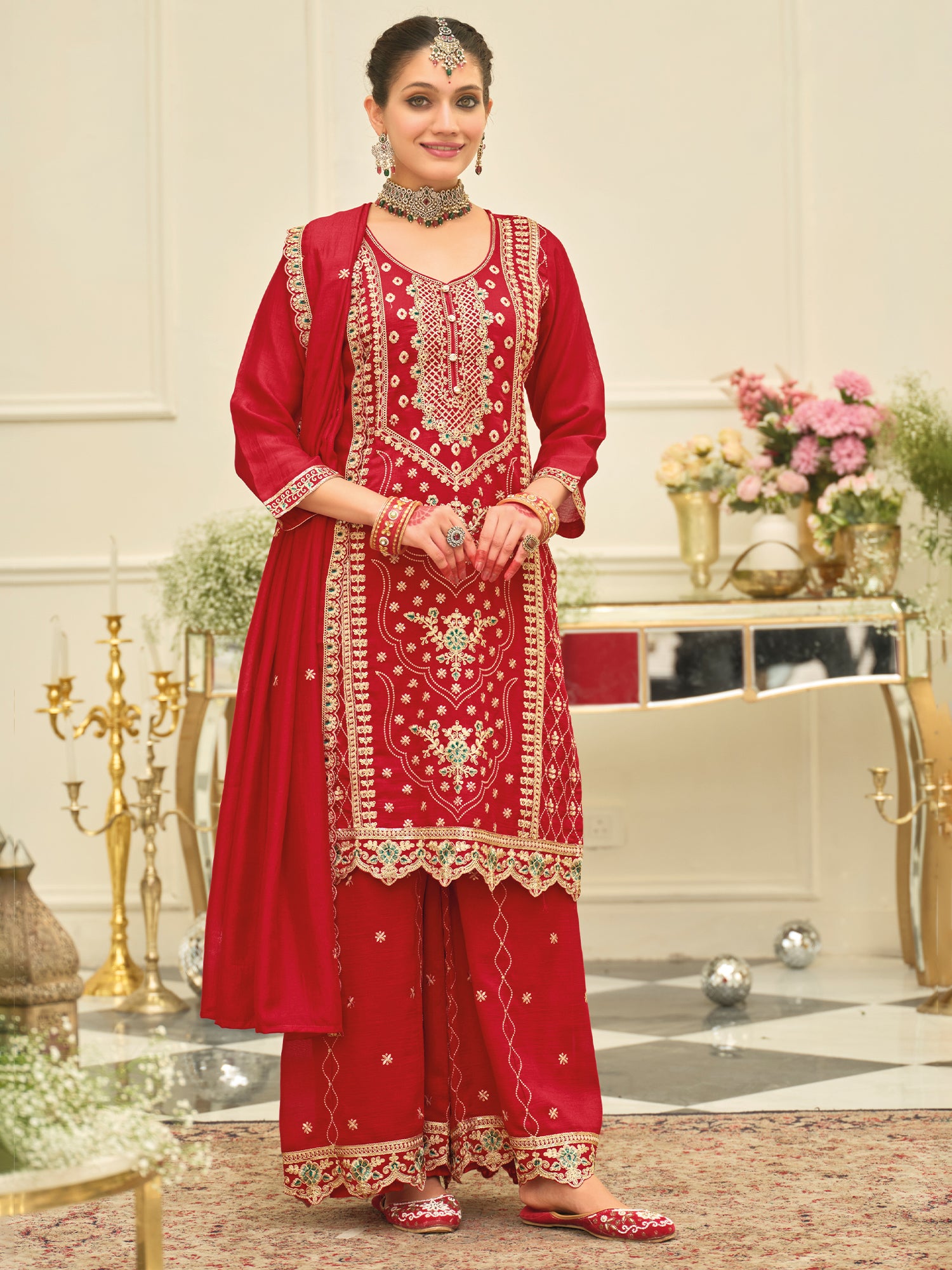 Red Embroidered Silk Blend Straight Kurta Palazzos With Dupatta