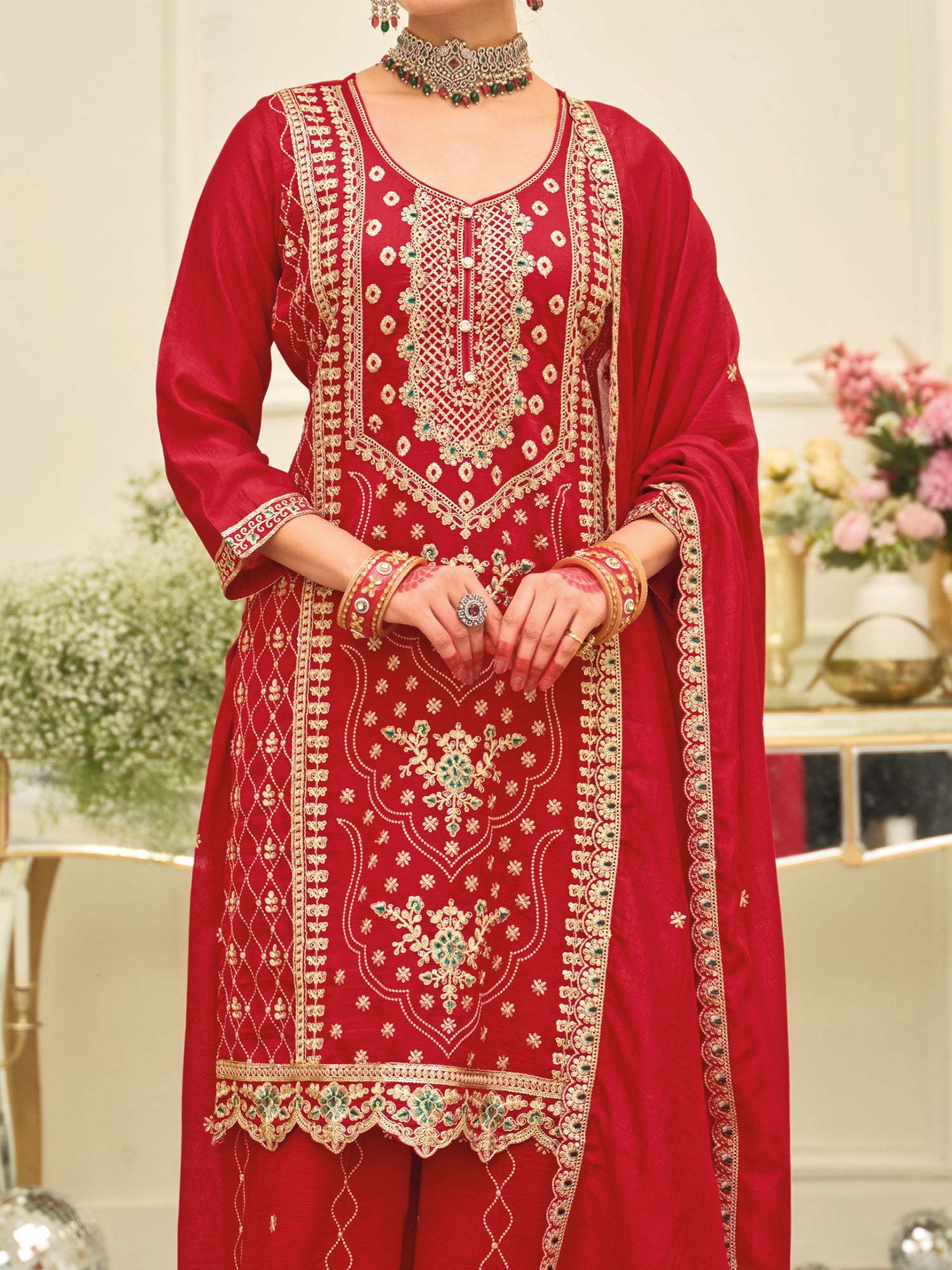 Red Embroidered Silk Blend Straight Kurta Palazzos With Dupatta