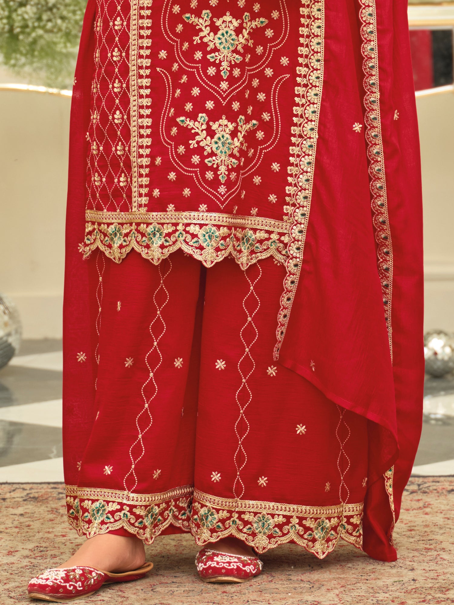 Red Embroidered Silk Blend Straight Kurta Palazzos With Dupatta