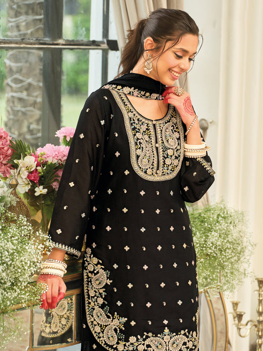 Black Embroidered Chinon Straight Kurta Palazzos With Dupatta