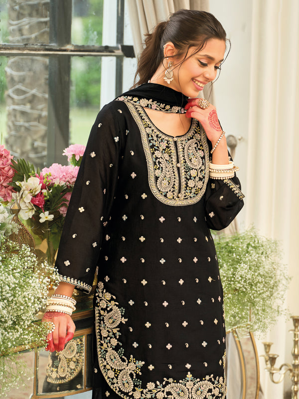 Black Embroidered Chinon Straight Kurta Palazzos With Dupatta