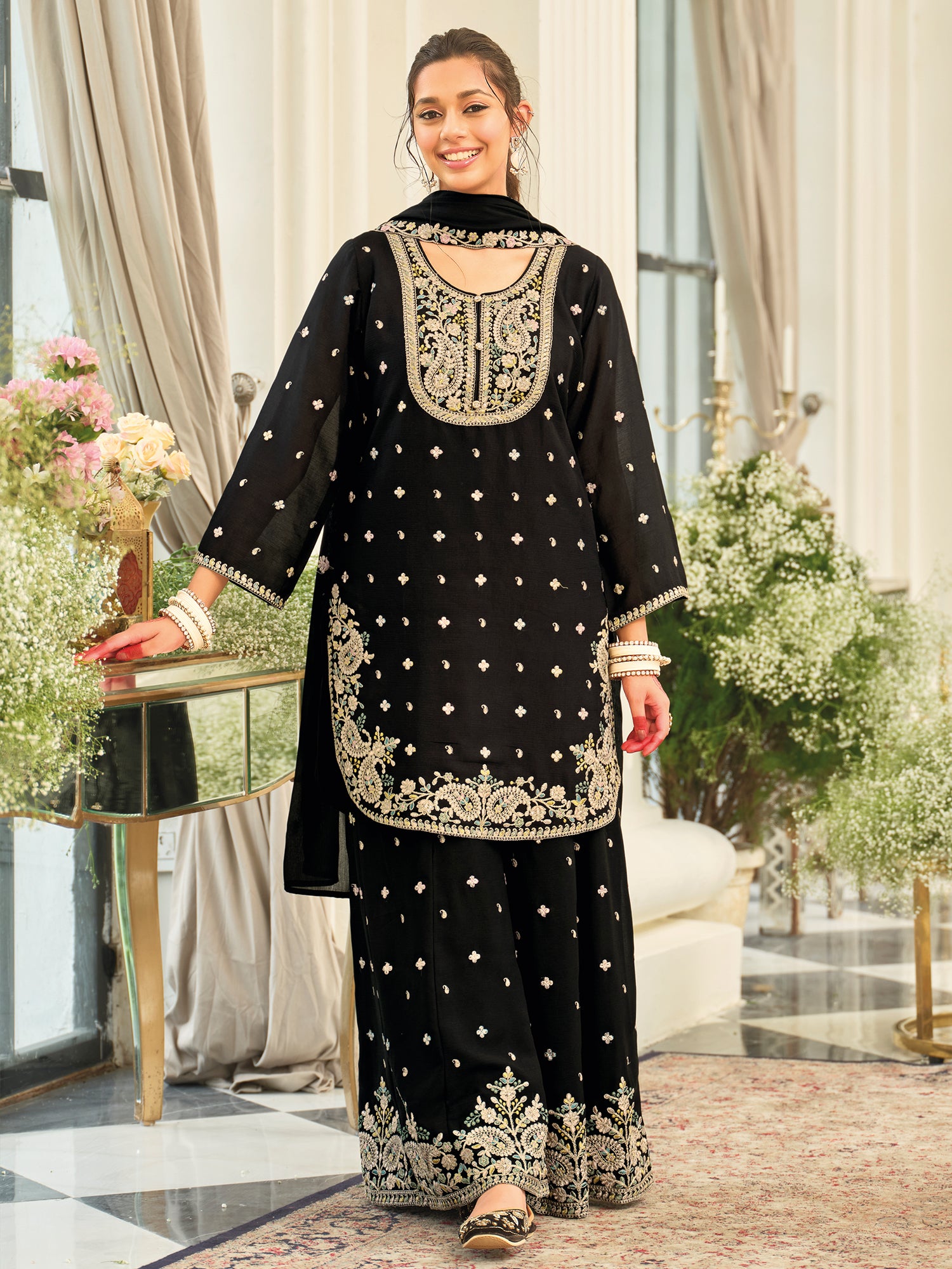 Black Embroidered Chinon Straight Kurta Palazzos With Dupatta