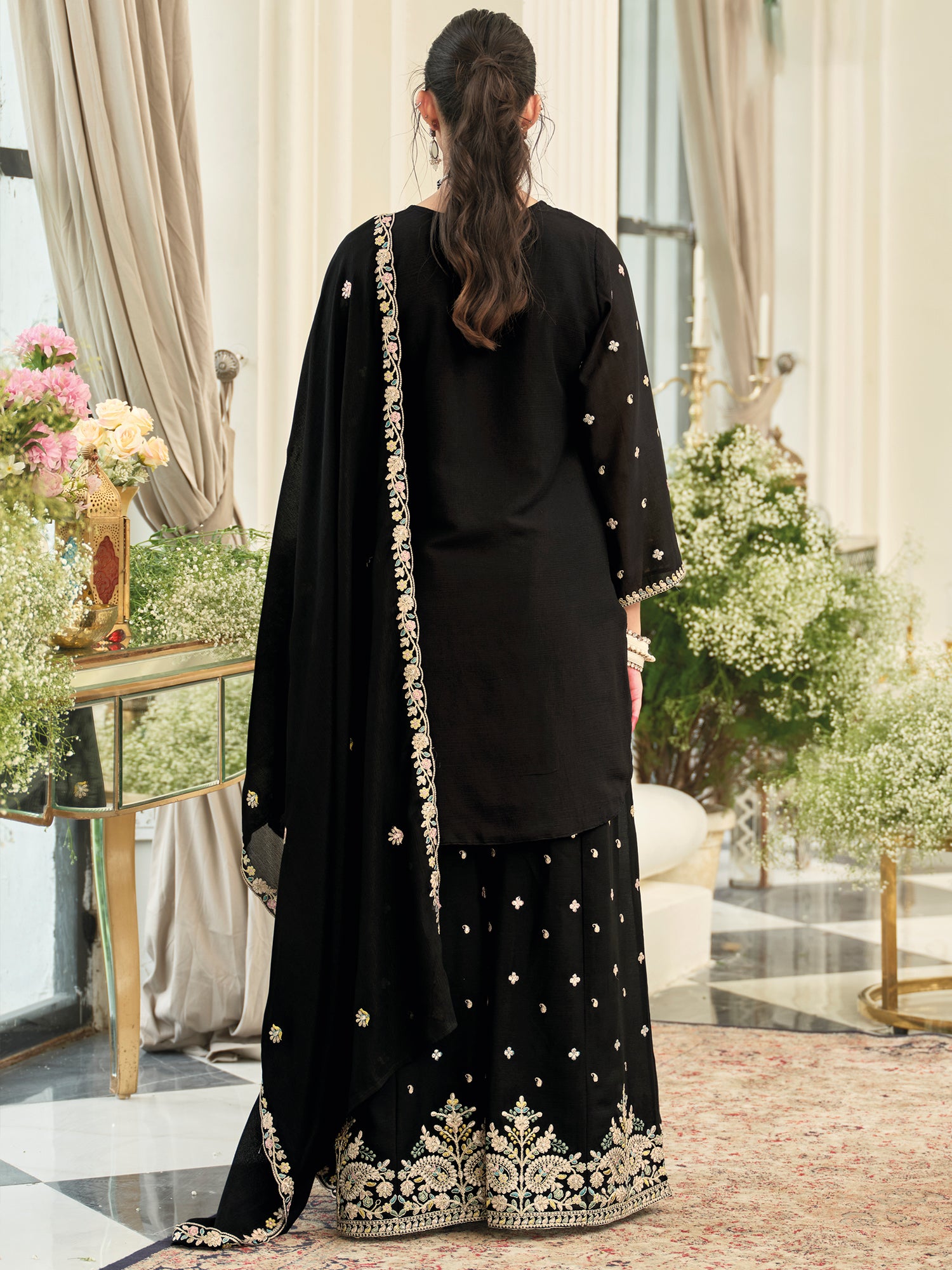 Black Embroidered Chinon Straight Kurta Palazzos With Dupatta