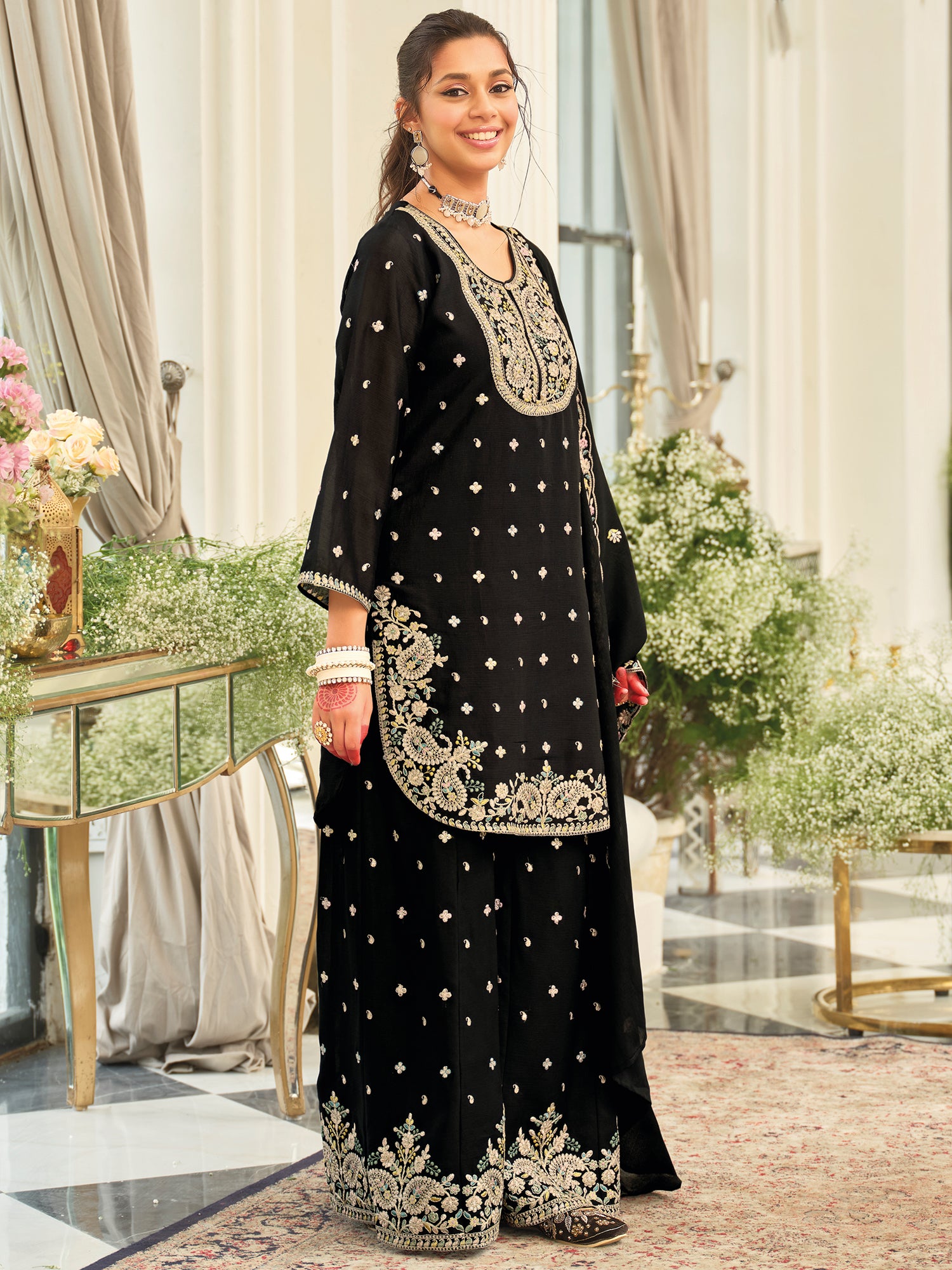 Black Embroidered Chinon Straight Kurta Palazzos With Dupatta