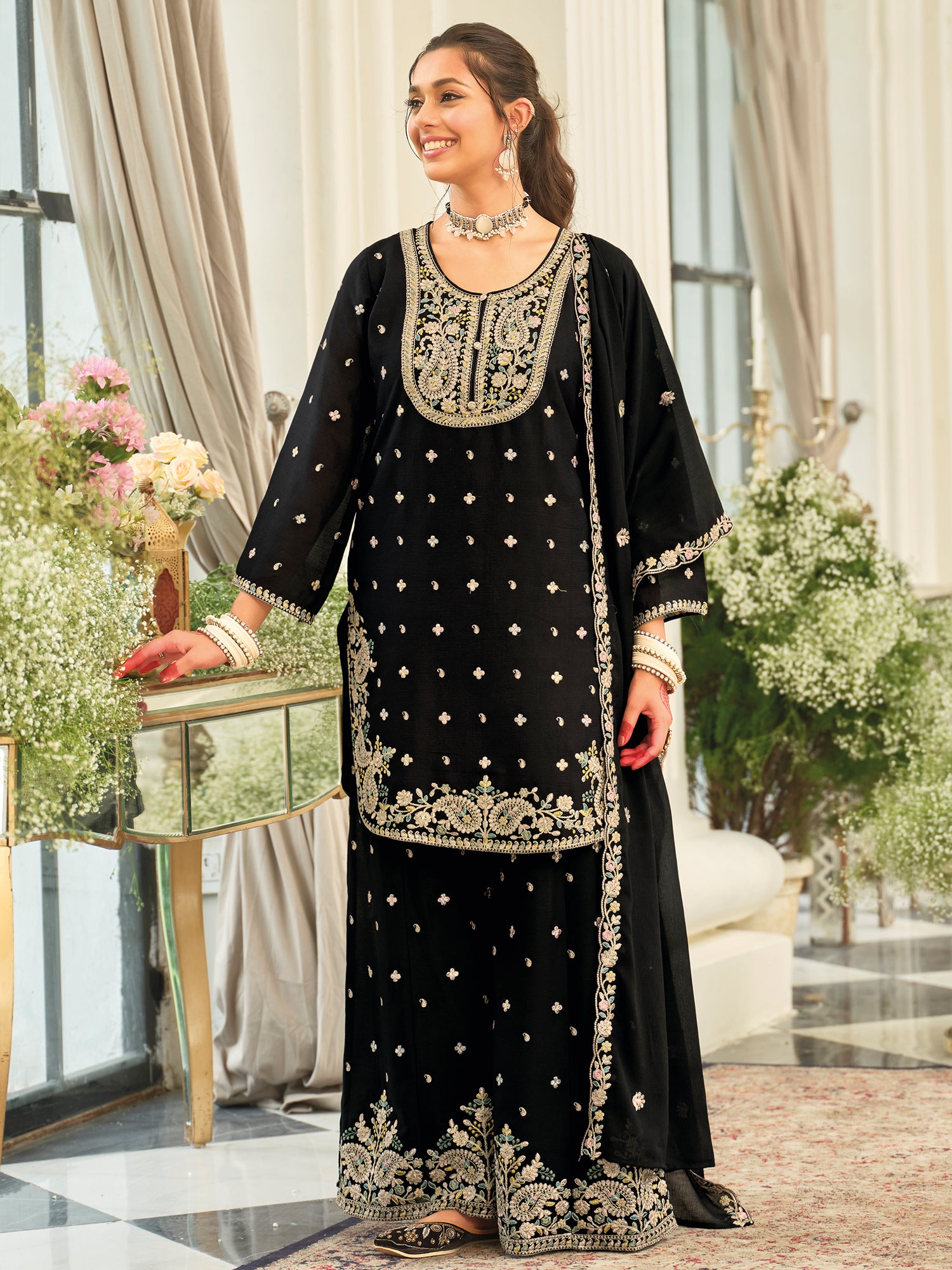 Black Embroidered Chinon Straight Kurta Palazzos With Dupatta