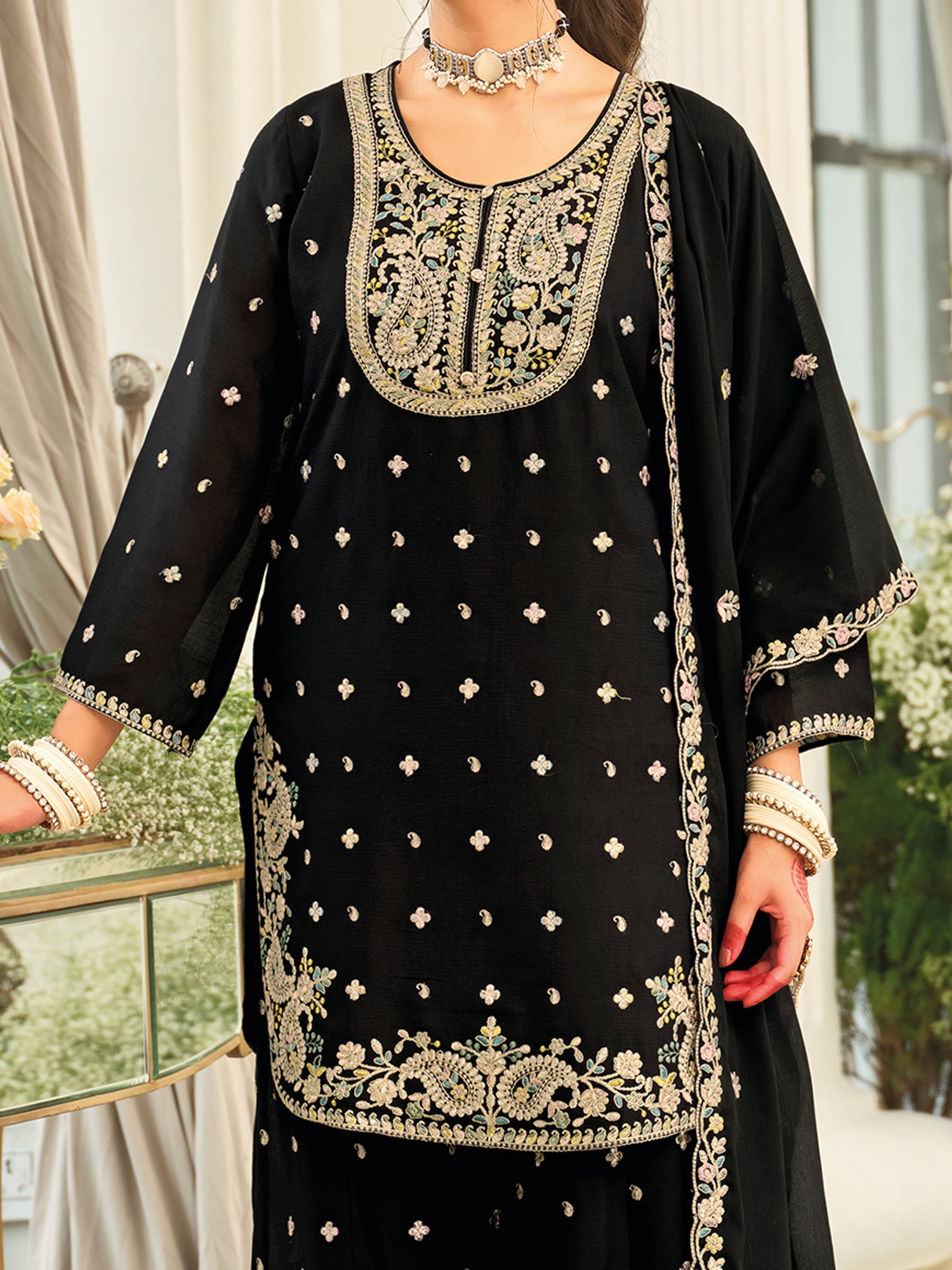 Black Embroidered Chinon Straight Kurta Palazzos With Dupatta
