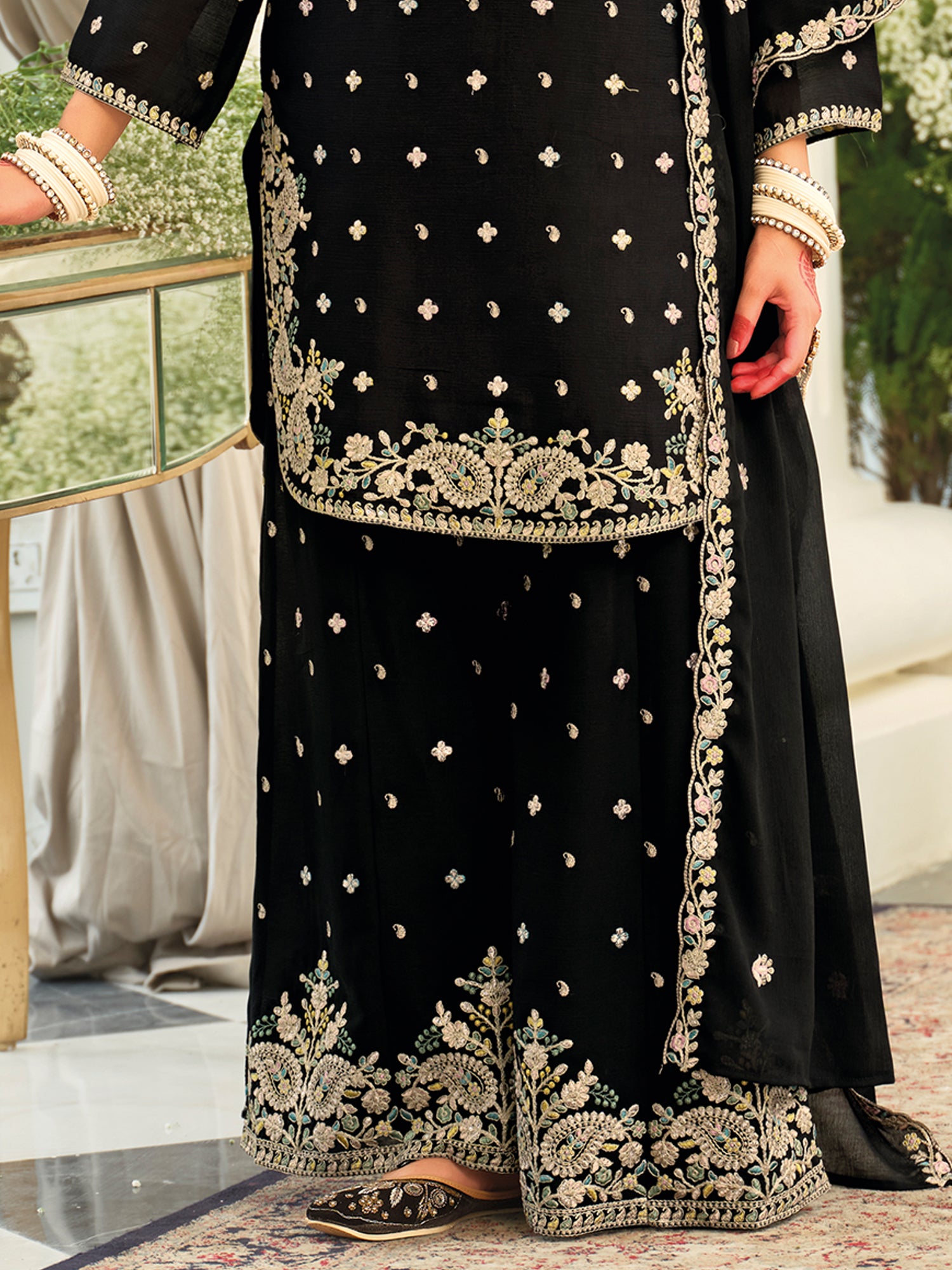Black Embroidered Chinon Straight Kurta Palazzos With Dupatta