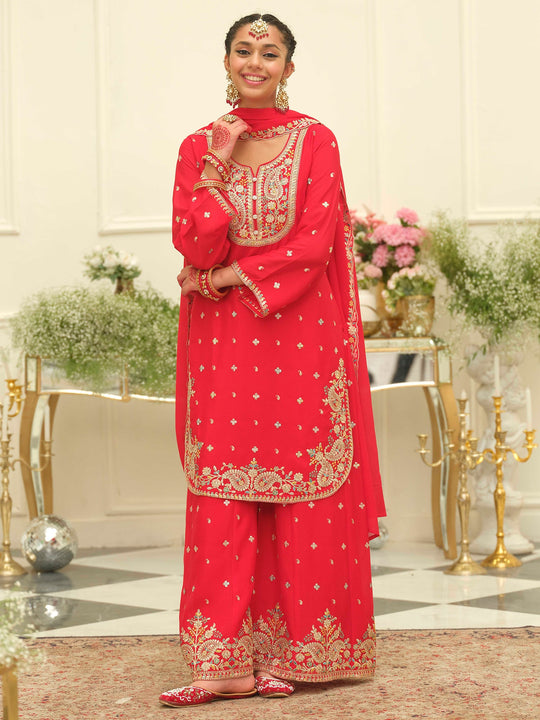 Red Embroidered Chinon Straight Kurta Palazzos With Dupatta