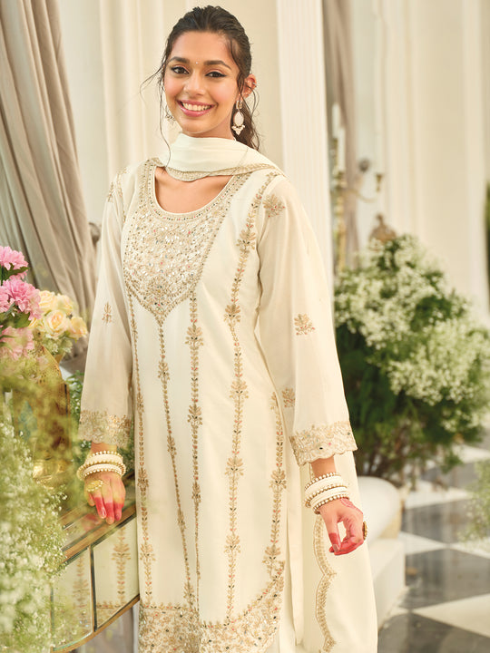 White Embroidered Chinon Straight Kurta Palazzos With Dupatta