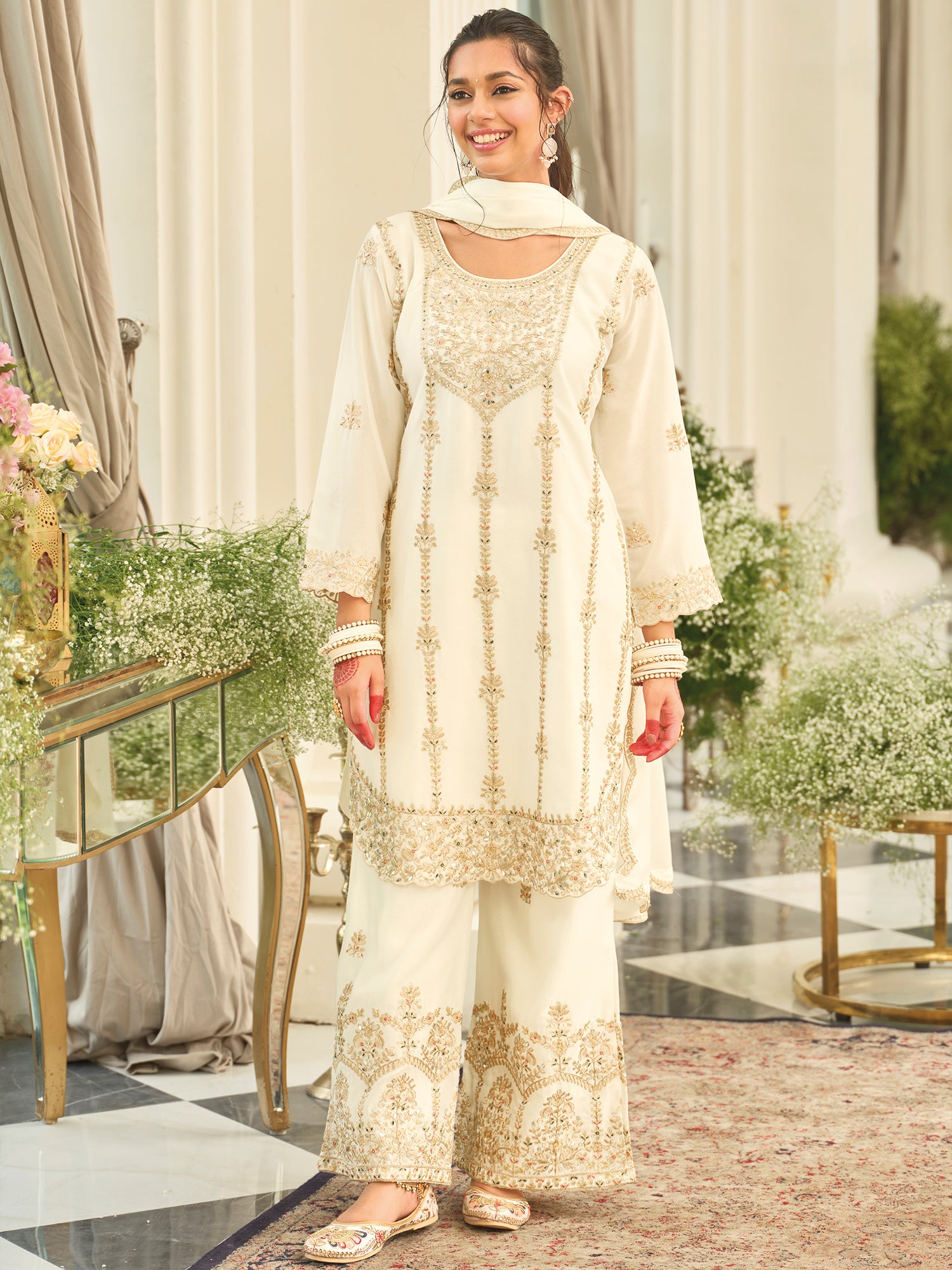 White Embroidered Chinon Straight Kurta Palazzos With Dupatta