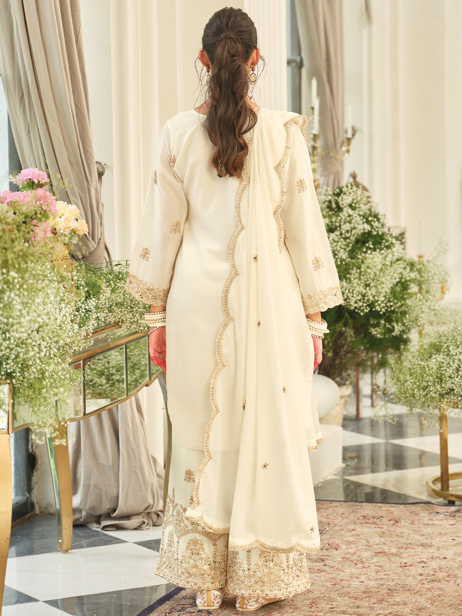 White Embroidered Chinon Straight Kurta Palazzos With Dupatta