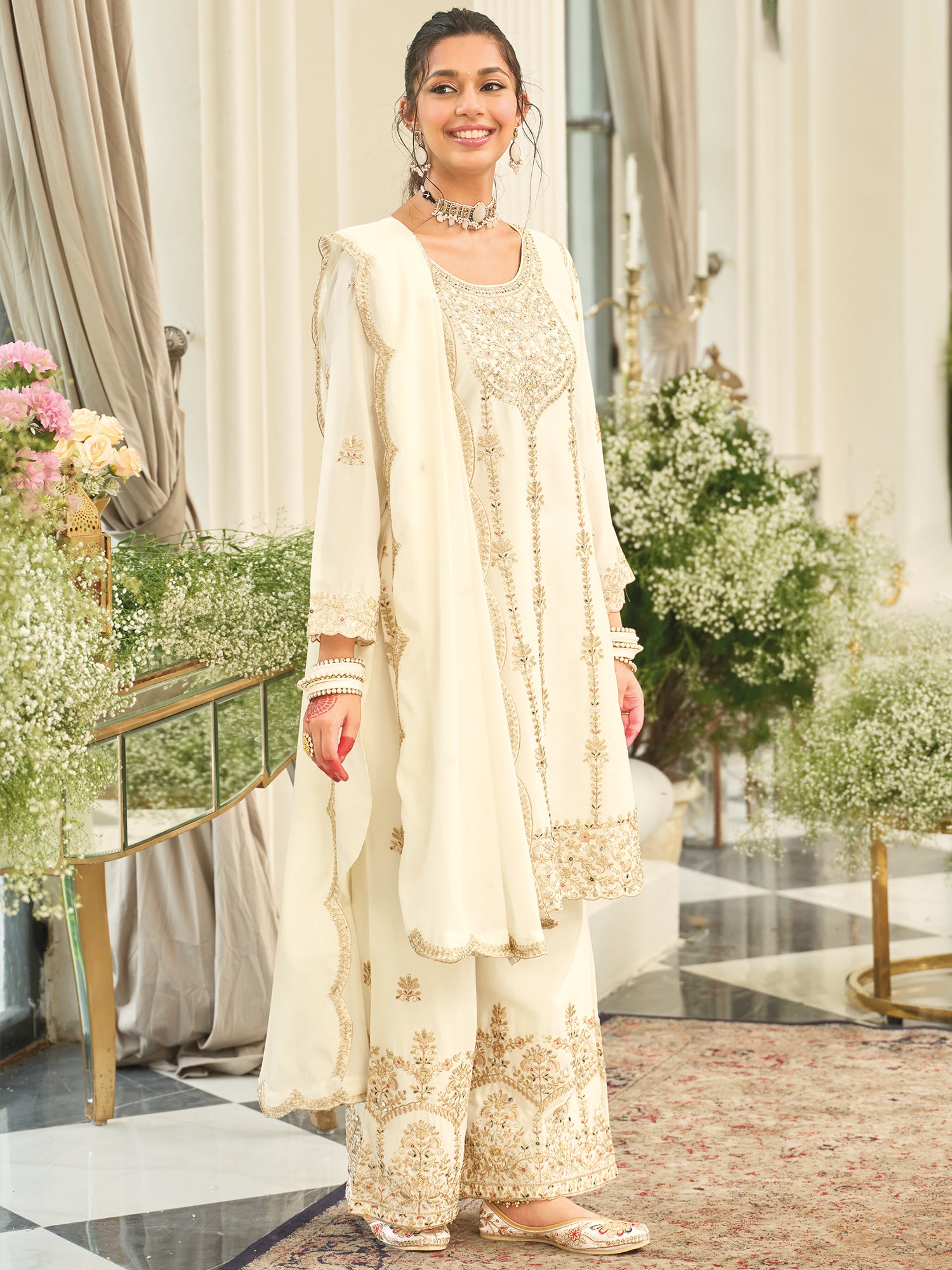 White Embroidered Chinon Straight Kurta Palazzos With Dupatta
