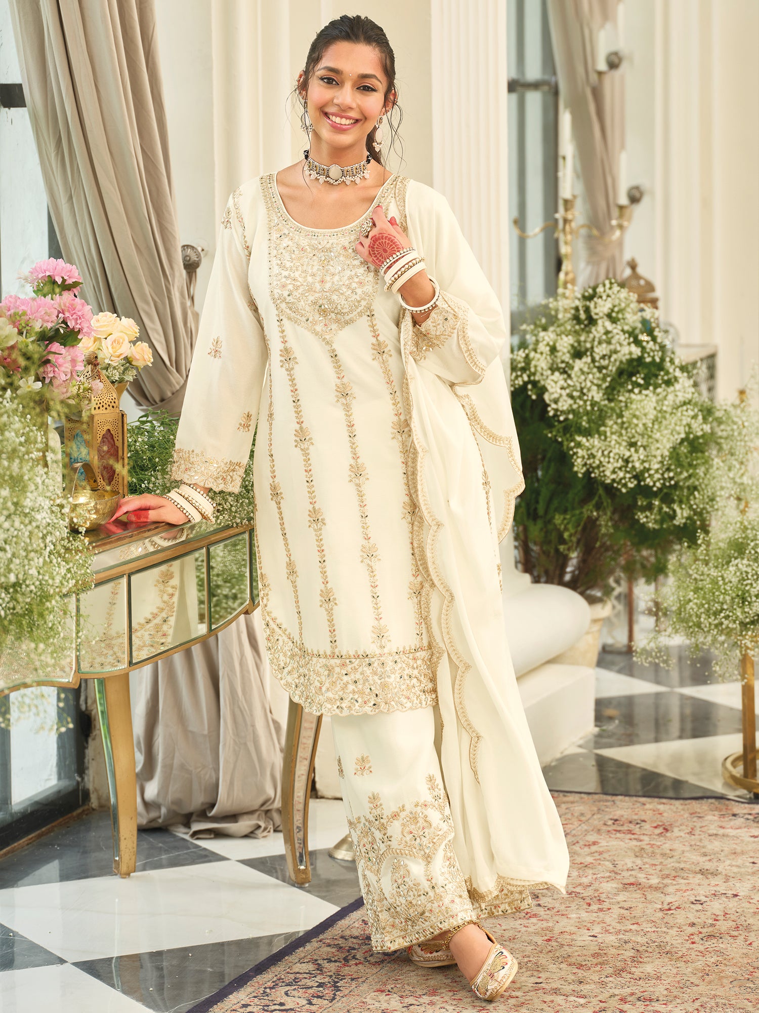White Embroidered Chinon Straight Kurta Palazzos With Dupatta