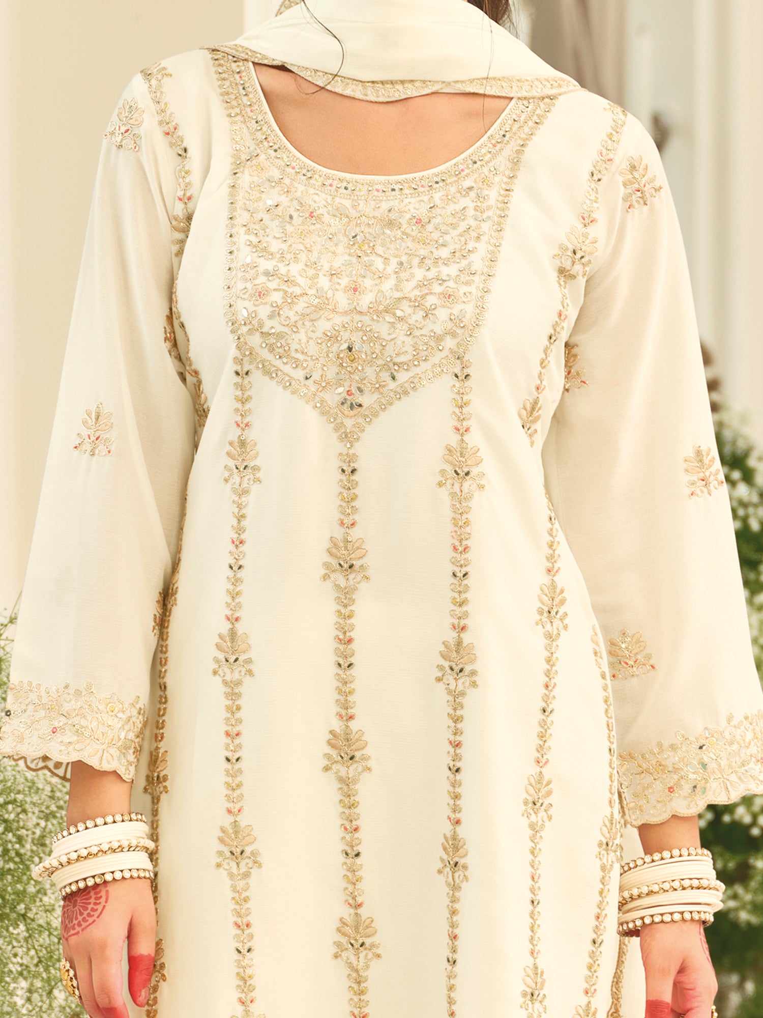 White Embroidered Chinon Straight Kurta Palazzos With Dupatta