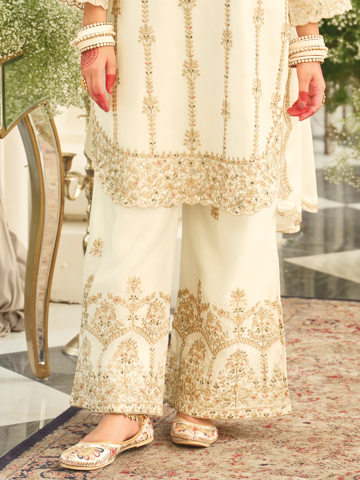 White Embroidered Chinon Straight Kurta Palazzos With Dupatta