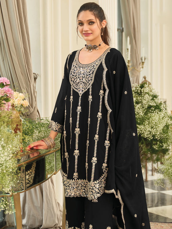 Black Embroidered Chinon Straight Kurta Palazzos With Dupatta