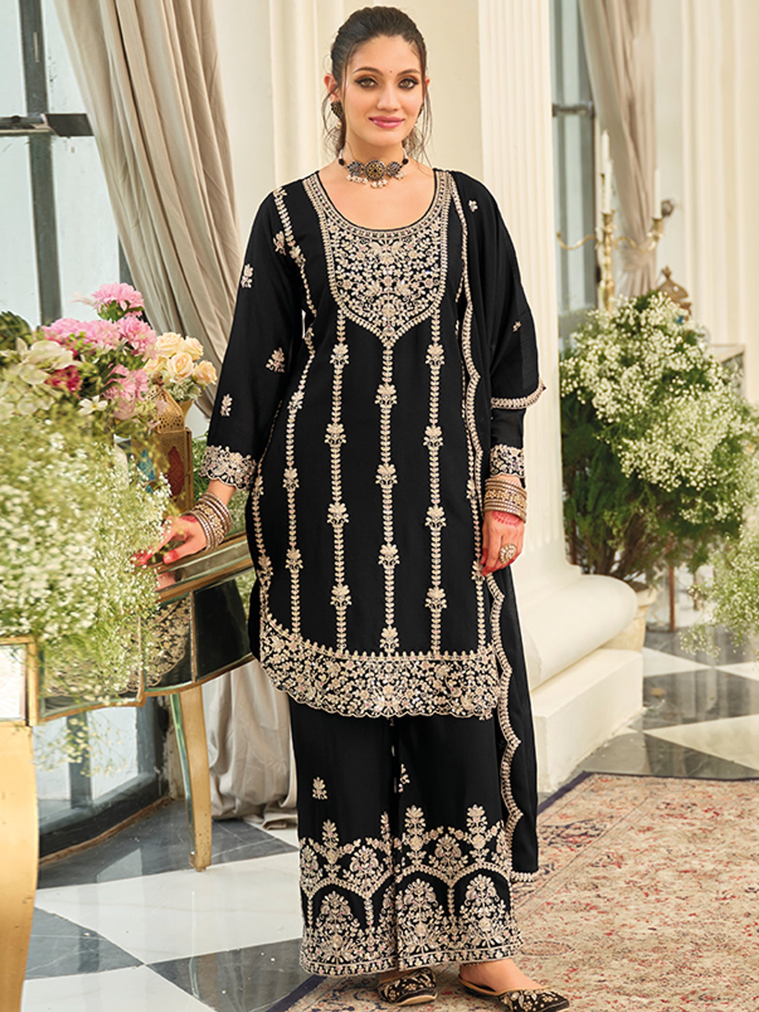 Black Embroidered Chinon Straight Kurta Palazzos With Dupatta