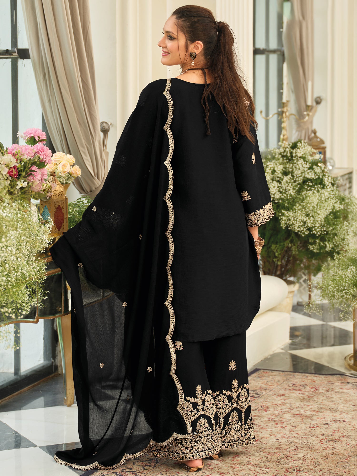 Black Embroidered Chinon Straight Kurta Palazzos With Dupatta
