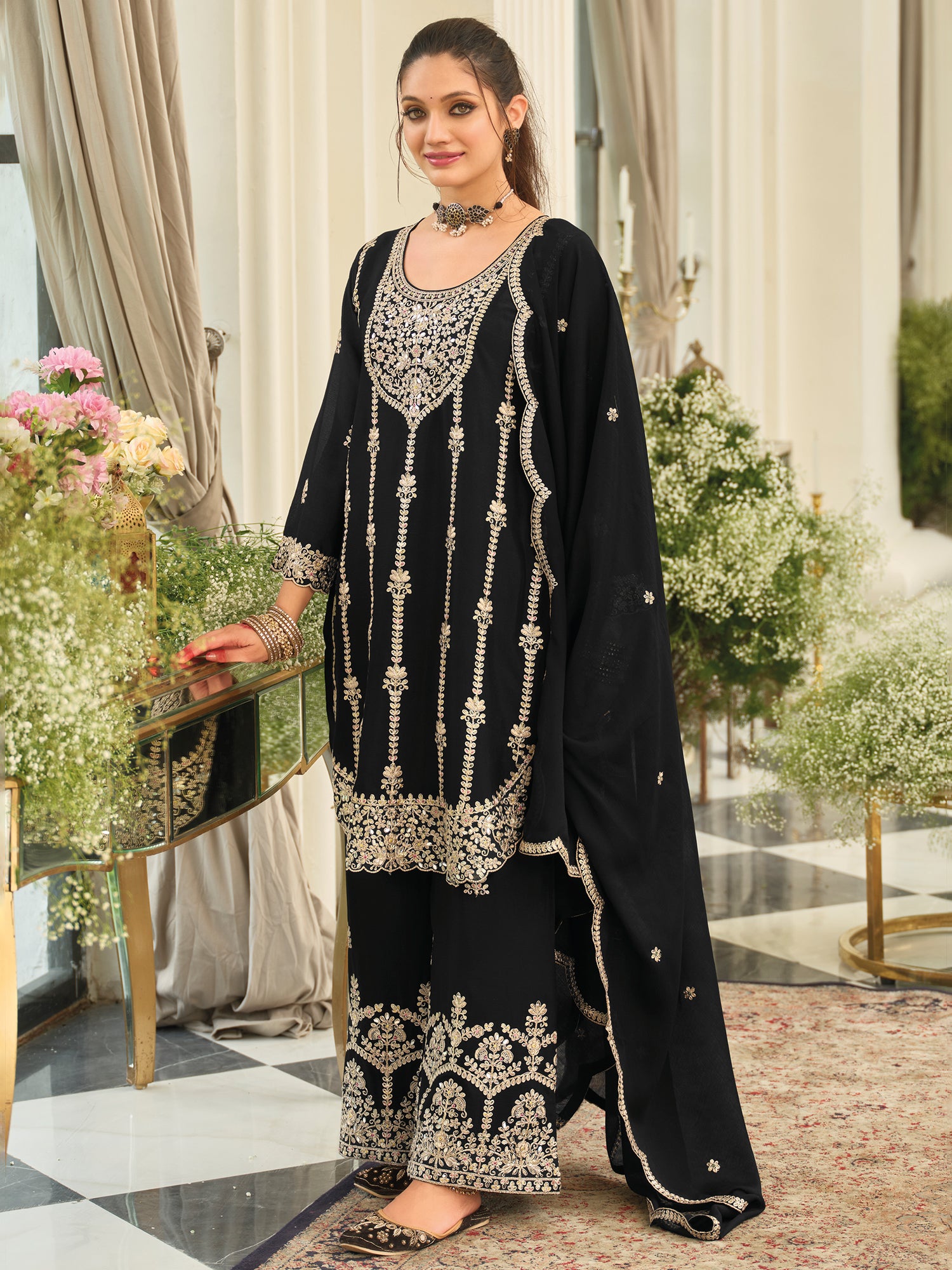 Black Embroidered Chinon Straight Kurta Palazzos With Dupatta