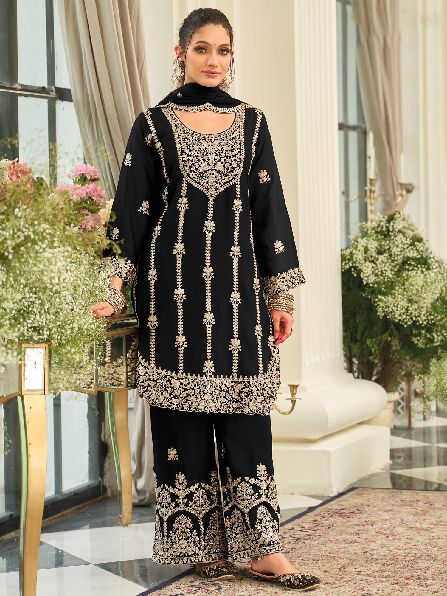 Black Embroidered Chinon Straight Kurta Palazzos With Dupatta