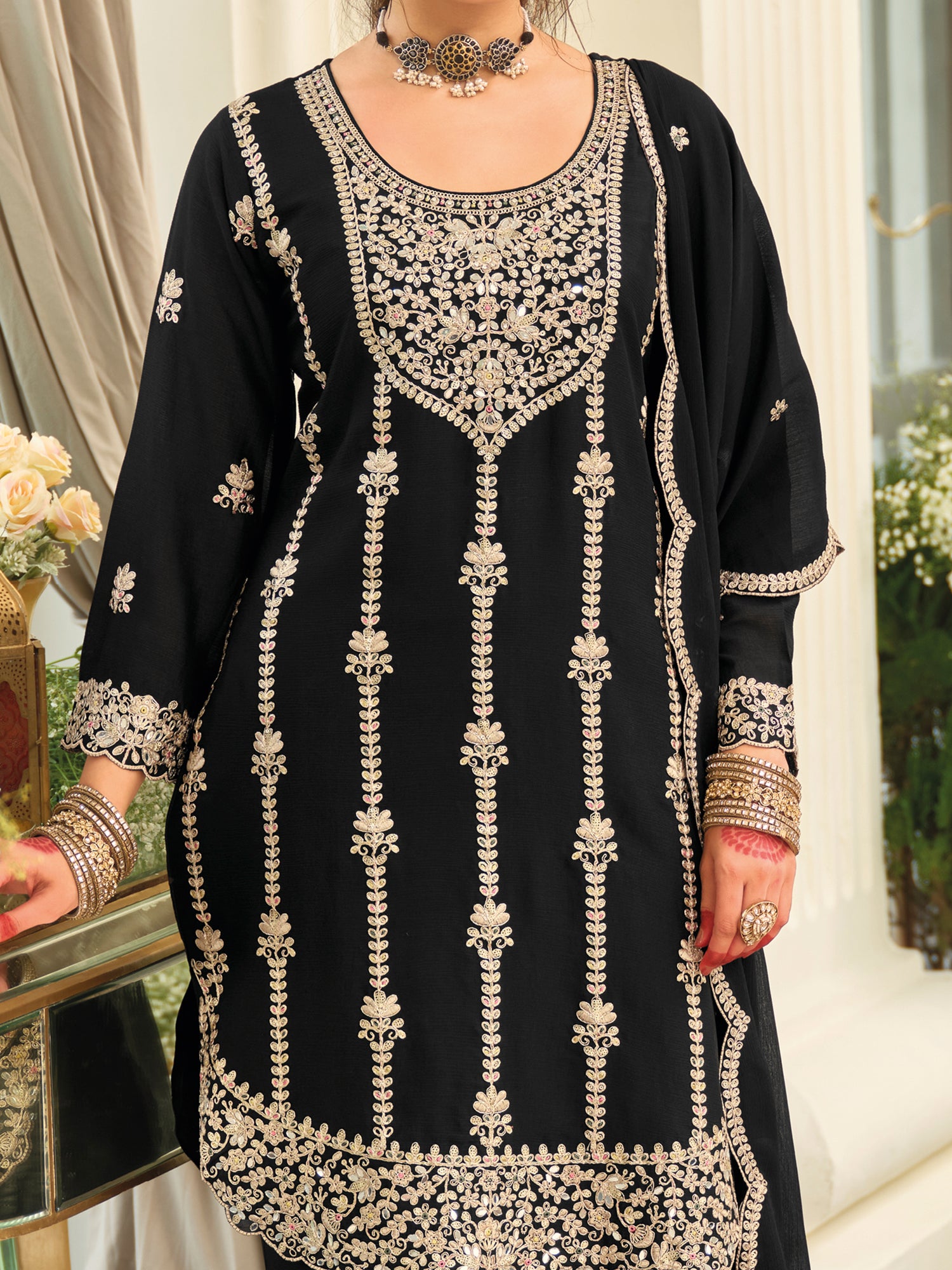 Black Embroidered Chinon Straight Kurta Palazzos With Dupatta