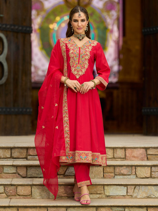 Red Embroidered Silk Blend A-Line Suit Sets With Dupatta