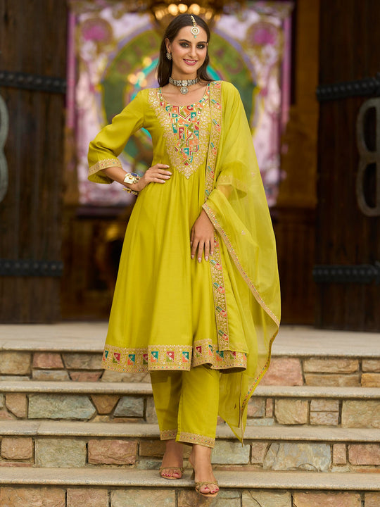 Yellow Embroidered Silk Blend A-Line Suit Sets With Dupatta