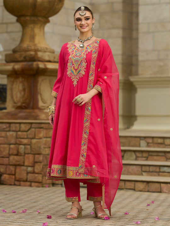Pink Embroidered Silk Blend A-Line Suit Sets With Dupatta