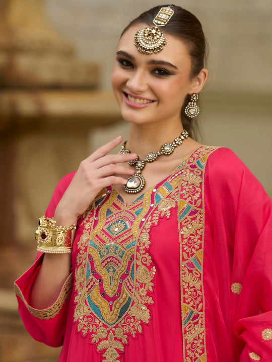 Pink Embroidered Silk Blend A-Line Suit Sets With Dupatta