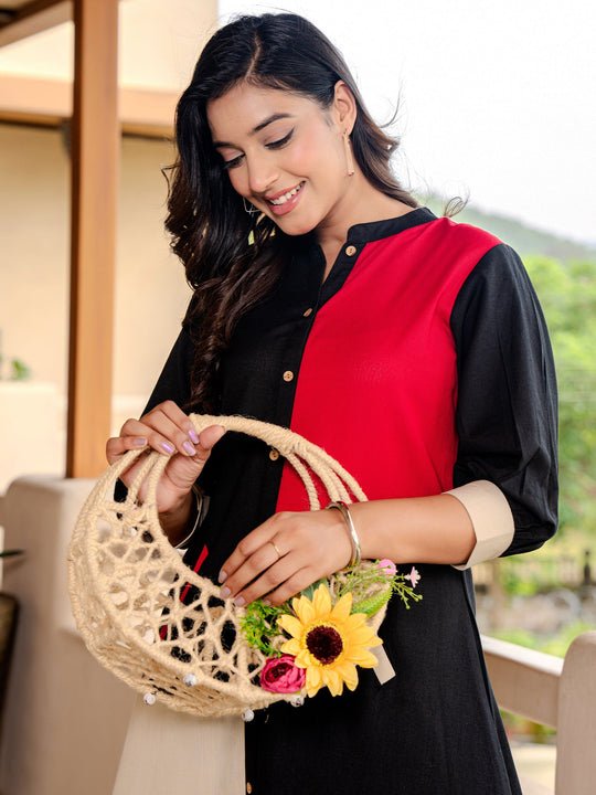 Black Solid Pure Cotton A-Line Kurta Trousers Set