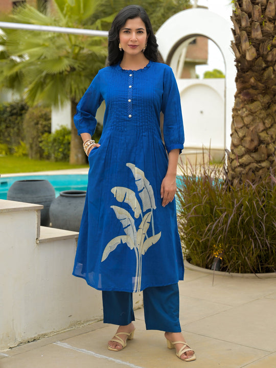 Blue Printed Pure Cotton A-Line Kurta Trousers Set