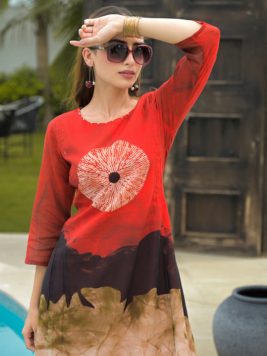 Red Printed Pure Cotton Straight Kurta Trouser Set