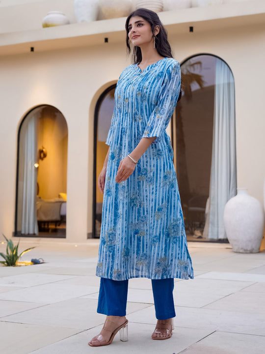 Blue Printed Pure Cotton A-Line Kurta Trousers Set