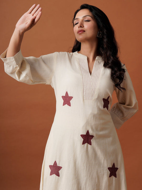 Off White Embroidered Pure Cotton A-Line Kurta Palazzo Set