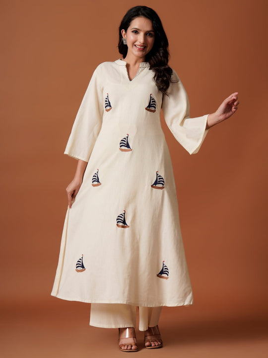 Off White Embroidered Pure Cotton A-Line Kurta Palazzo Set