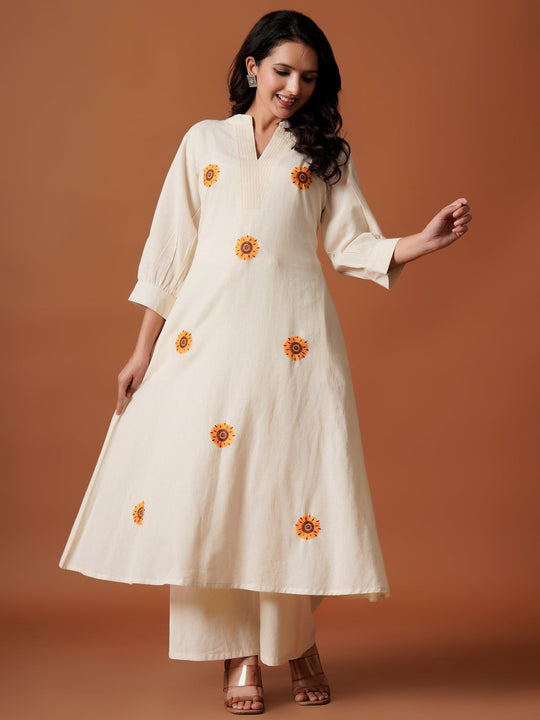 Off White Embroidered Pure Cotton A-Line Kurta Palazzo Set