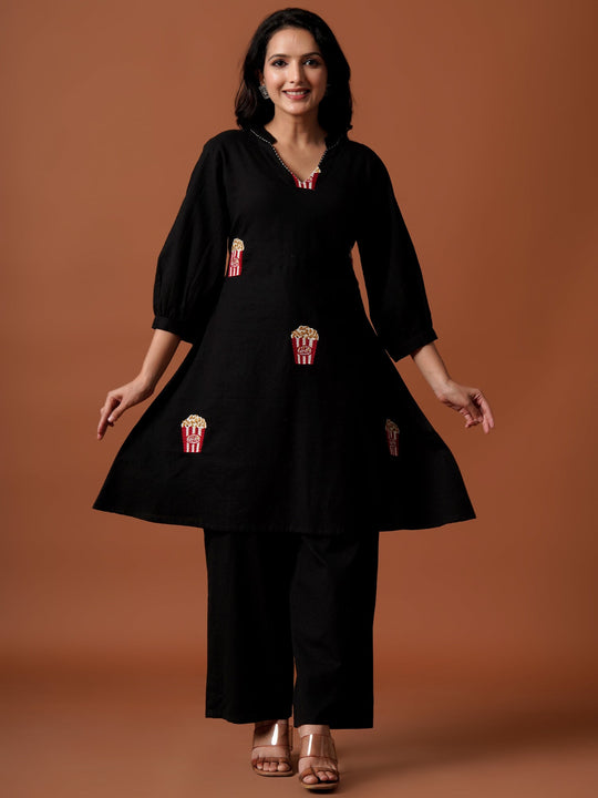 Black Embroidered Pure Cotton A-Line Kurta Palazzo Set