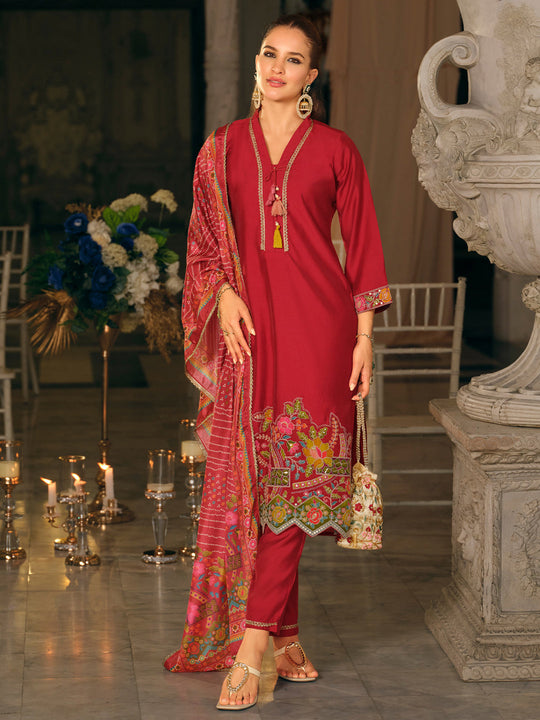 Indo Era Pink Embroidered Straight Kurta Trouser With Dupatta set