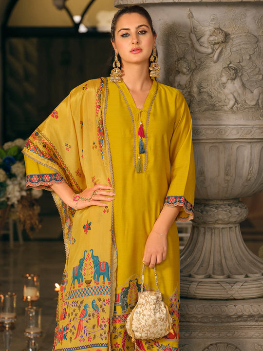 Indo Era Yellow Embroidered Straight Kurta Trouser With Dupatta set