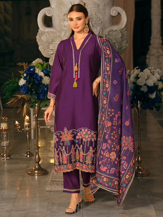 Indo Era Purple Embroidered Straight Kurta Trouser With Dupatta set