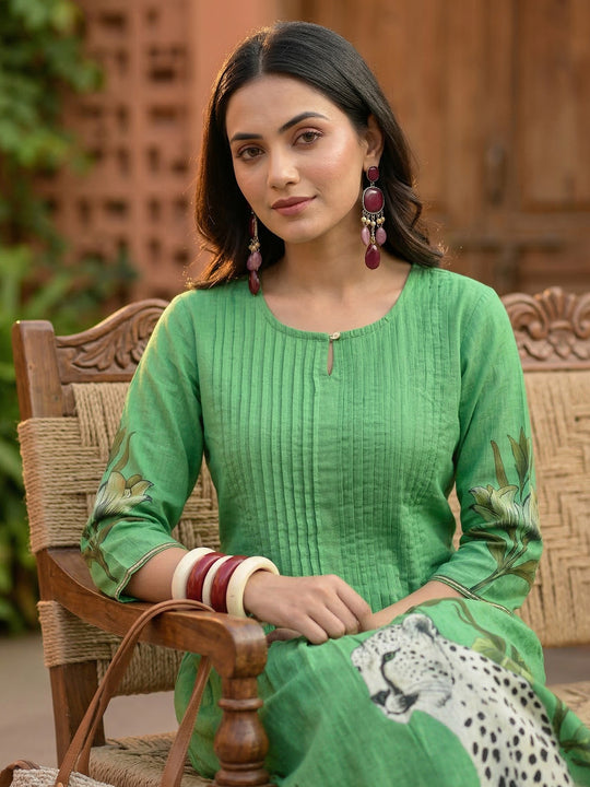 Indo Era Green Printed A-Line Kurta Trousers Set