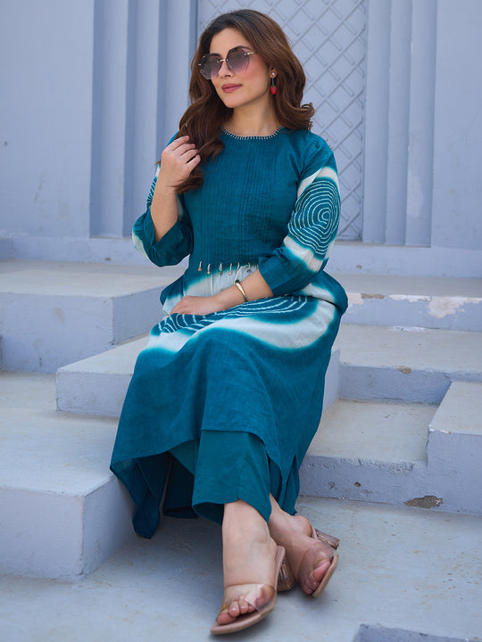 Indo Era Teal Printed A-Line Kurta Trousers Set
